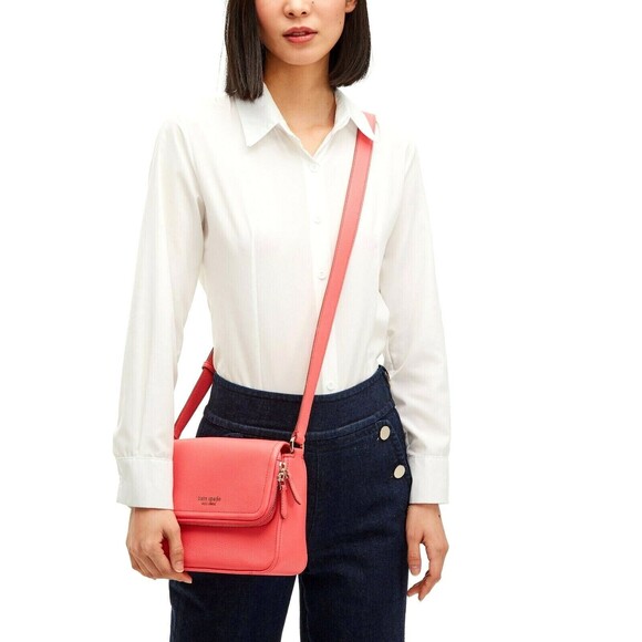 New Kate Spade Run Around Large Flap Crossbody Pebble Leather Peach Melba - Picture 6 of 8